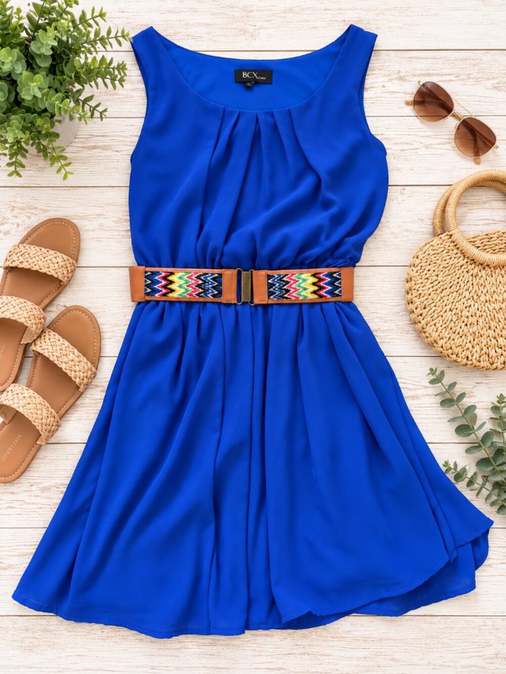 BCX Size Large Cobalt Blue Sleeveless Belted Fit & Flare Dress